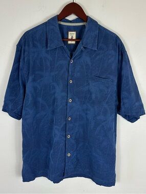 Jamaica Jaxx Silk Deep Blue Short-Sleeve Palm-Pattern Shirt XL